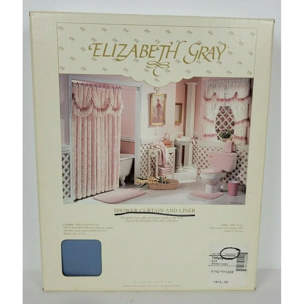 NIP Elizabeth Gray Shower‎ Curtain & Liner Smoke Blue Tiffany Lace 6x6